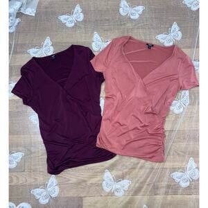 Bundle of 2 Express Body Contour Shirts Size Medium Burgundy Orange Blouse